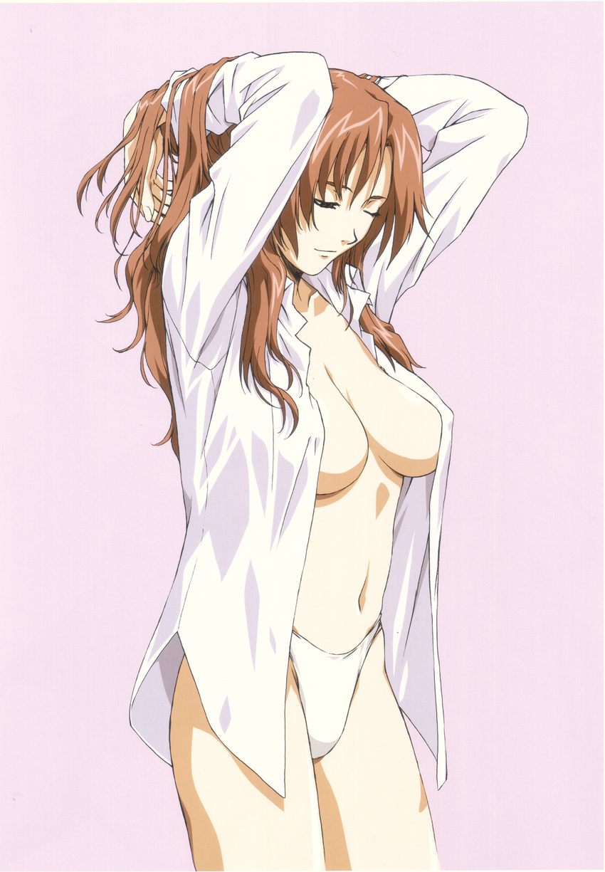 absurdres arms_behind_head arms_up breasts brown_eyes brown_hair cleavage covered_nipples cowboy_shot hand_behind_head highres horibe_hiderou interlude large_breasts long_hair long_sleeves marufuji_izumi navel no_bra one_eye_closed open_clothes open_shirt panties pink_background shirt simple_background smile solo underwear white_panties