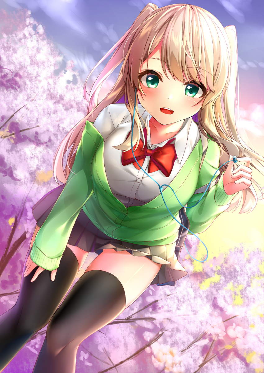 1girl :d absurdres aqua_eyes black_legwear black_skirt blue_sky blush bow bowtie breasts brown_hair buttons cherry_blossoms collarbone collared_shirt commentary_request day dress_shirt earphones gluteal_fold gradient_sky green_cardigan hand_on_own_thigh hand_up highres holding holding_earphone leaning_forward long_hair long_sleeves looking_at_viewer medium_breasts miniskirt moe2019 off_shoulder open_mouth original outdoors pleated_skirt red_neckwear rukinya_(nyanko_mogumogu) school_uniform shirt sidelocks skirt sky sleeves_past_wrists smile solo spring_(season) thighhighs tree two_side_up undershirt white_shirt zettai_ryouiki