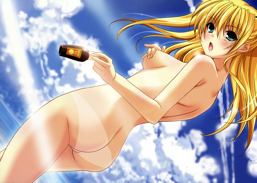 ass bikini_tan blonde_hair blush cloud condensation_trail covering covering_breasts day dutch_angle from_side green_eyes light_rays looking_at_viewer lotion lotion_bottle minazuki_yuuna_modred nude open_mouth sky solo sunbeam sunlight sunscreen tan tanline yama_bikko yokujou_pet_life