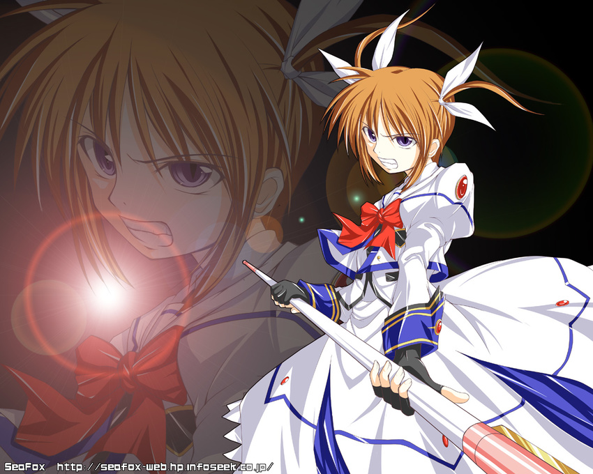 angry artist_request brown_hair lens_flare lyrical_nanoha mahou_shoujo_lyrical_nanoha mahou_shoujo_lyrical_nanoha_a's purple_eyes solo takamachi_nanoha wallpaper white_devil zoom_layer