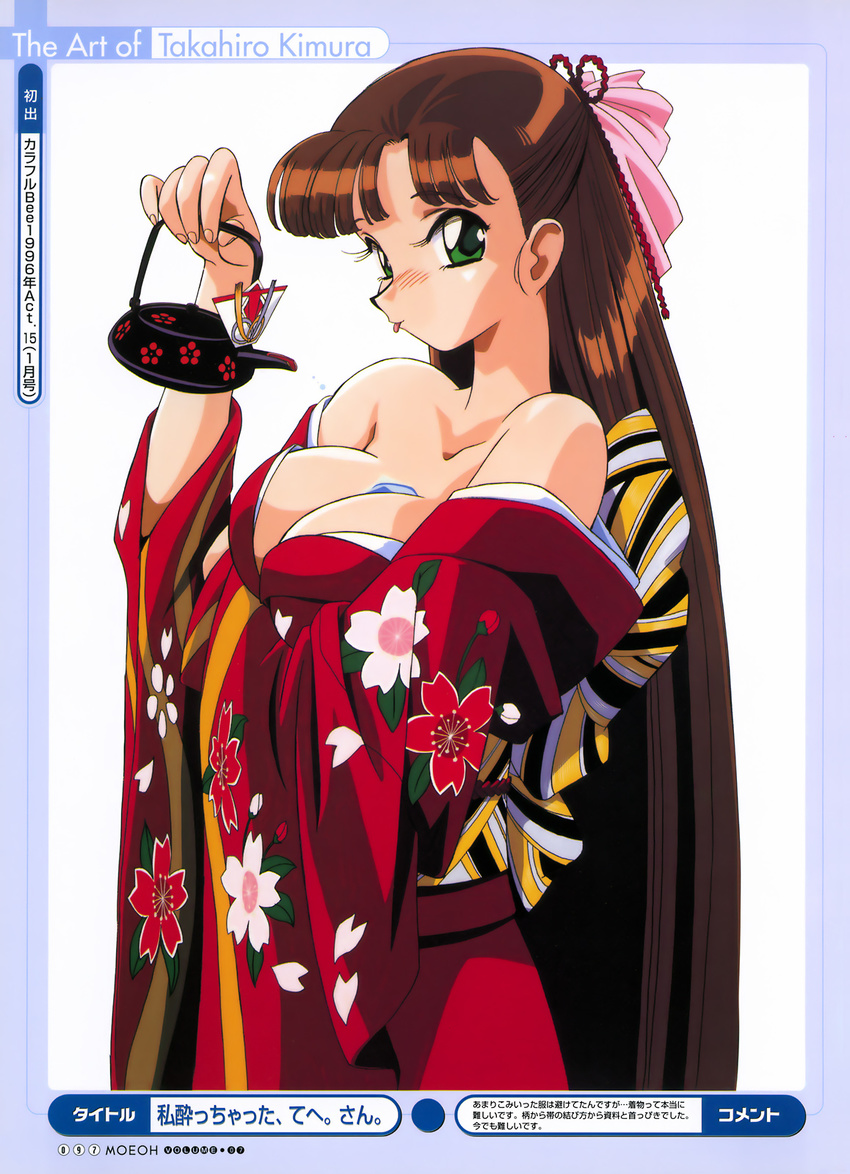 :p bare_shoulders between_breasts bow breasts brown_hair cleavage copyright_request green_eyes hair_bow highres japanese_clothes kettle kimono kimura_takahiro large_breasts pink_bow solo tongue tongue_out