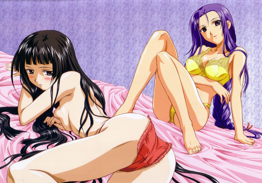 absurdres artist_request ass barefoot black_eyes black_hair blue_eyes blue_hair bra convenient_arm highres honda_sarasa kuroda_rinzu lime-iro_senkitan lingerie multiple_girls panties red_panties topless underwear underwear_only yellow_bra yellow_panties