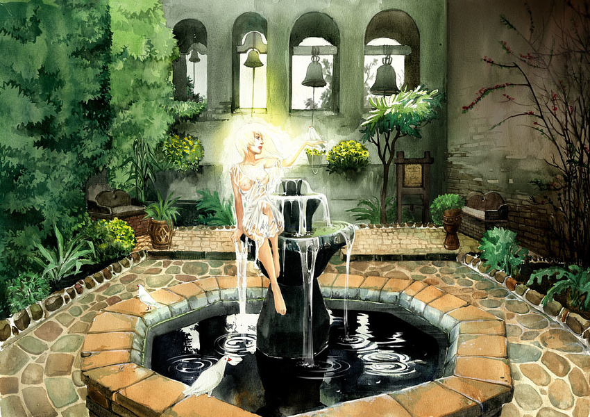 angel barefoot bell bench bird bird_on_hand blonde_hair breasts brick chemise church_bell fountain garden glowing indoors light lips medium_breasts mugon original plant potted_plant reflection ripples scenery see-through sitting solo tree water wet wet_clothes