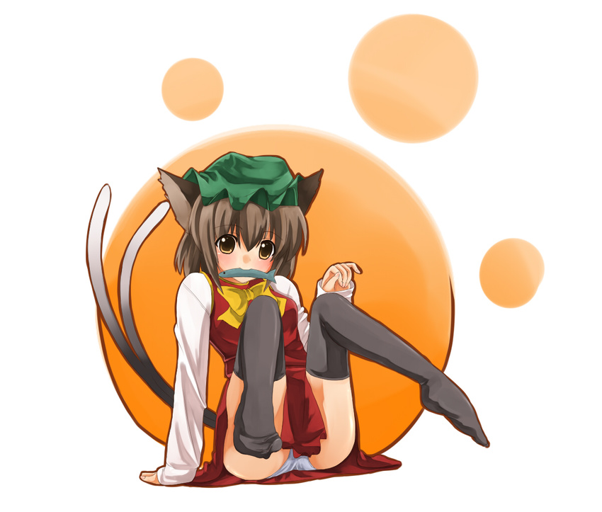 animal_ears bad_id bad_pixiv_id black_legwear cat_ears cat_tail chen china_dress chinese_clothes dress earrings feet fish hat jewelry legs_up mouth_hold multiple_tails panties pantyshot pantyshot_(sitting) paw_print sitting socks solo tail thighhighs touhou underwear yuuki_(ashitahare)