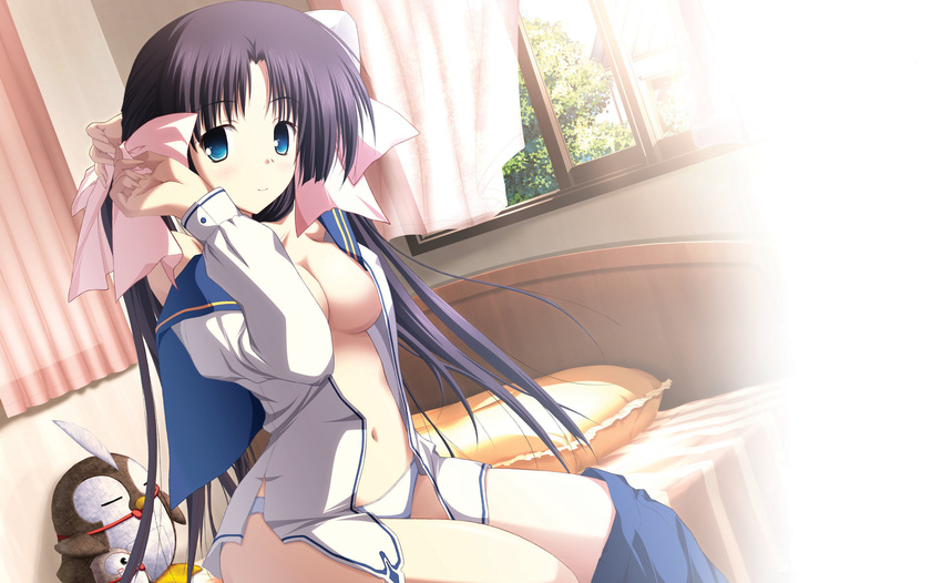 black_hair blue_eyes bow breasts cleavage haruiro_ouse highres large_breasts open_clothes open_shirt panties sakuragi_konoha school_uniform shirt sitting solo stuffed_animal stuffed_toy tsukimori_hiro underwear window