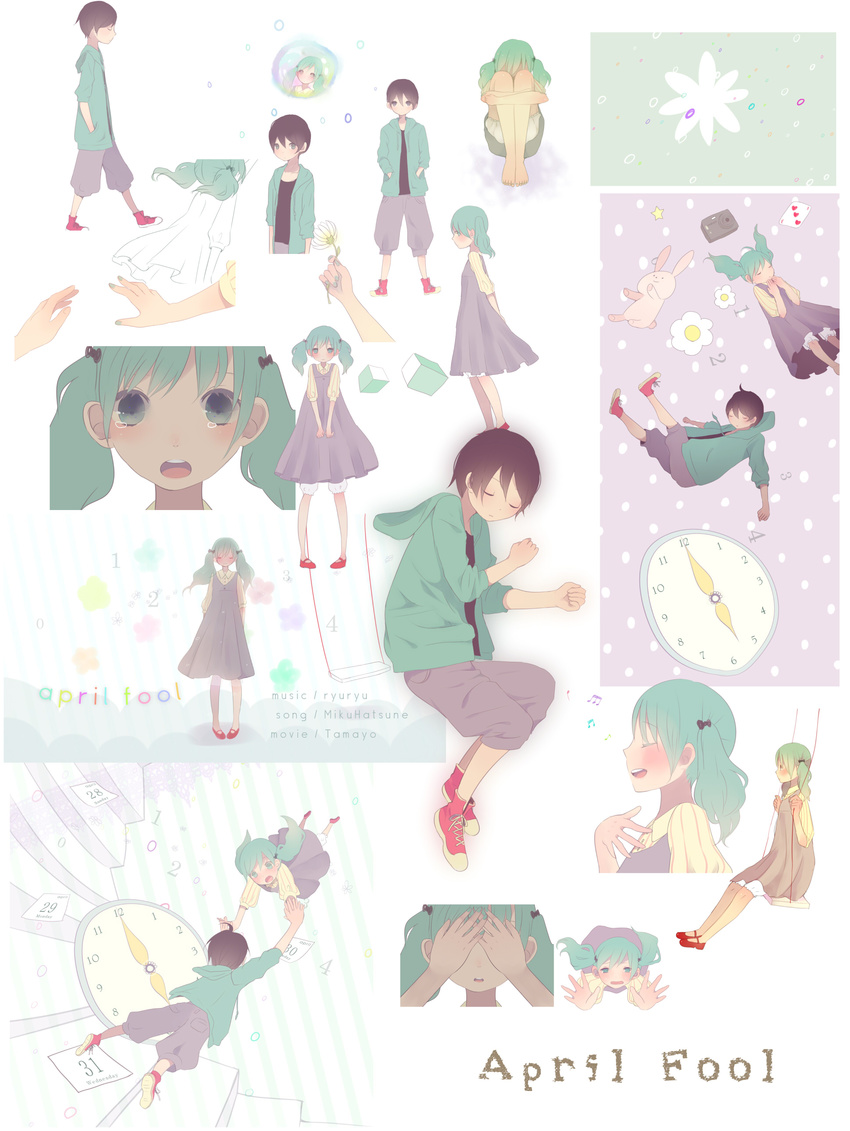 1girl absurdres aqua_hair aqua_nails bad_id bad_pixiv_id blush brown_hair clock collage dress flower hatsune_miku highres hood hoodie long_hair mary_janes nail_polish open_mouth outstretched_arms ribbon shoes short_hair shorts simple_background sitting song_name tamayo tears twintails vocaloid