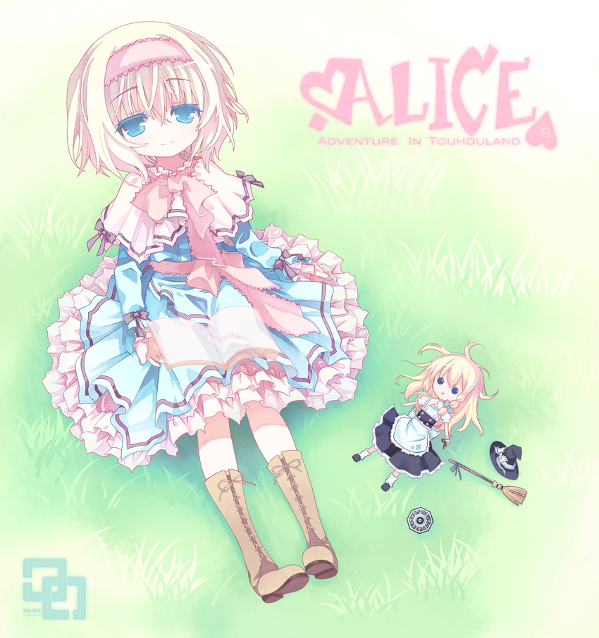 :x absurdres alice_margatroid blonde_hair book boots broom character_doll character_name curtain_(posuinochuanglian) doll dress hat hat_removed headwear_removed highres kirisame_marisa mini-hakkero smile solo touhou