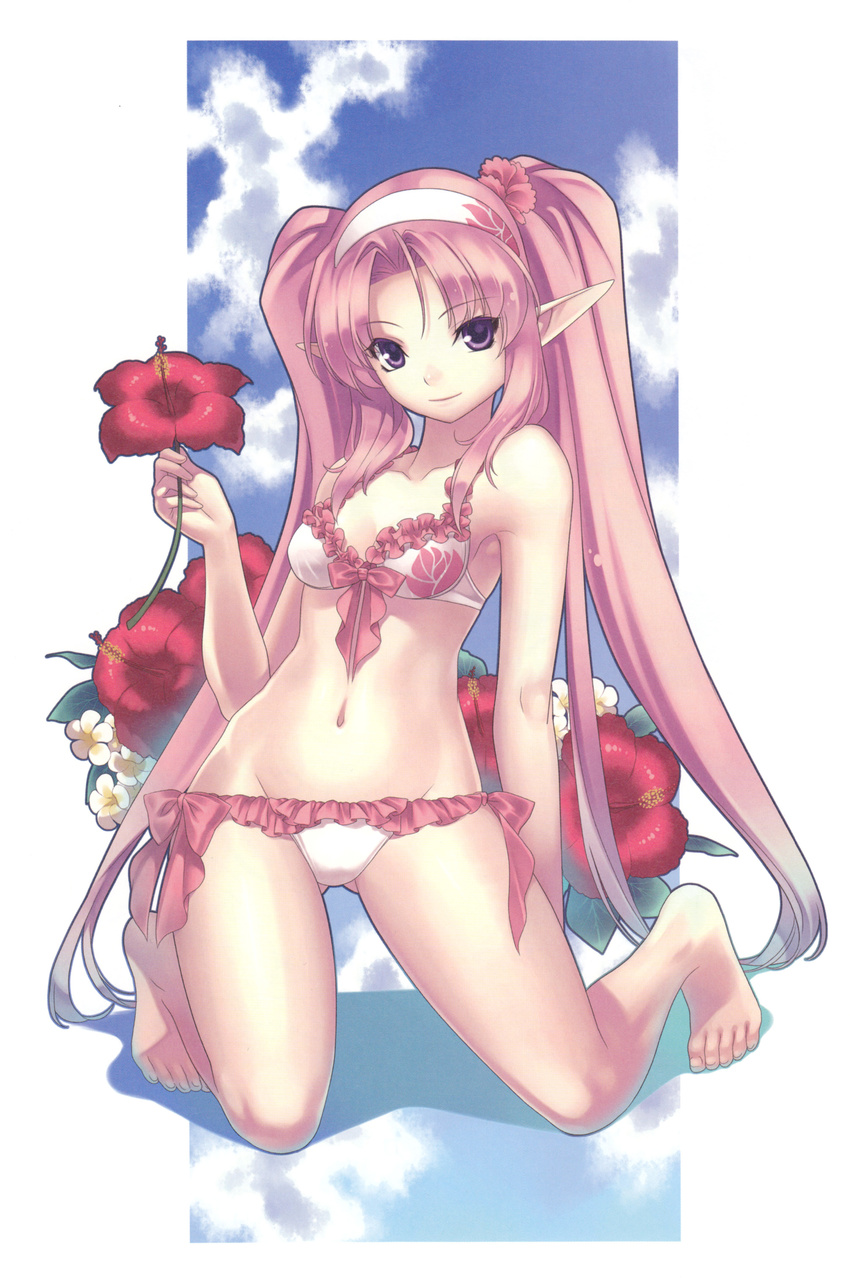 absurdres agarest_senki_(series) agarest_senki_zero alice_(agarest_senki_zero) bandana barefoot bikini day flower frilled_bikini frills hair_ornament hibiscus highres hirano_katsuyuki kneeling legs long_hair looking_at_viewer midriff navel pink_hair pointy_ears purple_eyes scan sky smile solo swimsuit