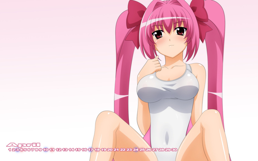 2010 april calendar_(medium) competition_swimsuit di_gi_charat hair_intakes hair_ribbon highres long_hair one-piece_swimsuit pink_hair red_eyes ribbon shiny shiny_clothes simple_background sitting smile solo spread_legs sugimura_tomokazu swimsuit twintails usada_hikaru very_long_hair wallpaper widescreen