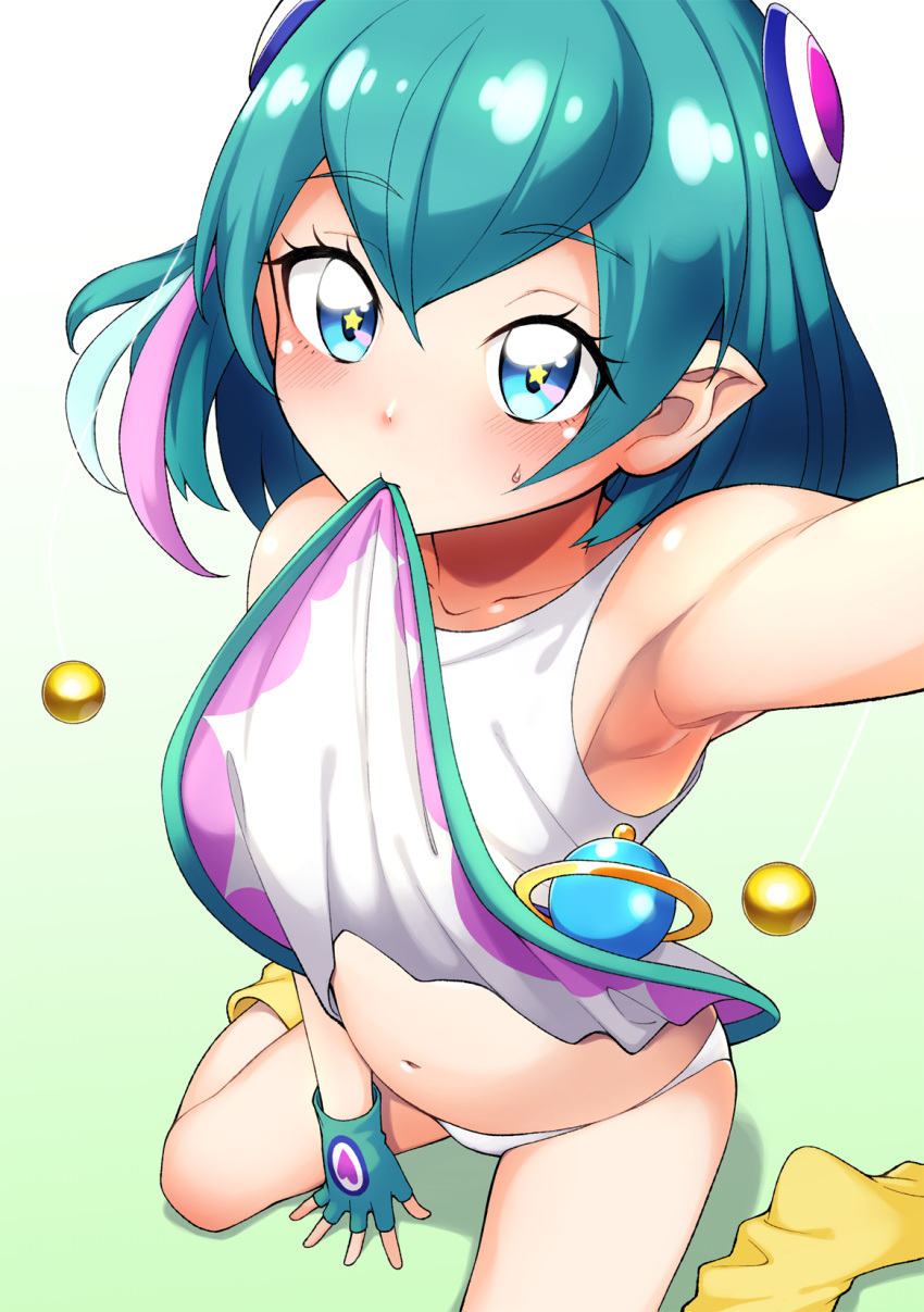 1girl armpits blue_eyes blue_gloves blue_hair blush collarbone dress dress_lift fingerless_gloves from_above gloves gradient gradient_background green_background hagoromo_lala hairpods hayashi_keita highres kneeling lifted_by_self light_blue_hair looking_at_viewer mouth_hold multicolored_hair navel panties pink_hair pointy_ears precure shiny shiny_skin short_hair sitting skirt_hold socks solo star star_in_eye star_twinkle_precure streaked_hair symbol_in_eye two-tone_hair underwear wariza white_background white_dress white_panties yellow_footwear