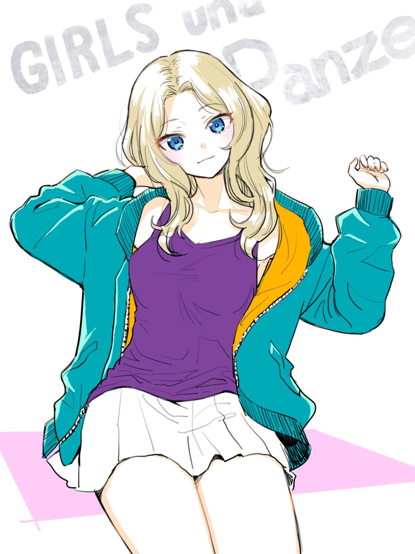 1girl aqua_jacket arms_up blonde_hair blue_eyes camisole casual closed_mouth commentary_request copyright_name eyebrows_visible_through_hair girls_und_panzer hair_intakes head_tilt highres inumoto jacket kay_(girls_und_panzer) long_hair looking_at_viewer miniskirt open_clothes open_jacket pleated_skirt purple_shirt shirt sitting skirt smile solo white_background white_skirt