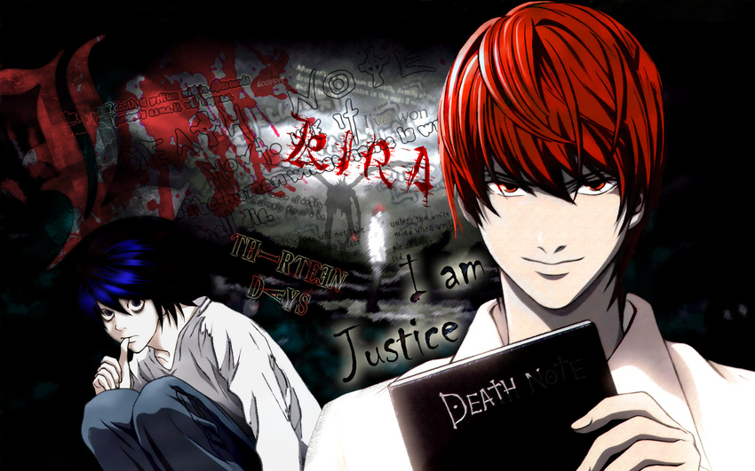 black_hair book brown_eyes brown_hair death_note finger_in_mouth highres l l_(death_note) smile wallpaper yagami_light
