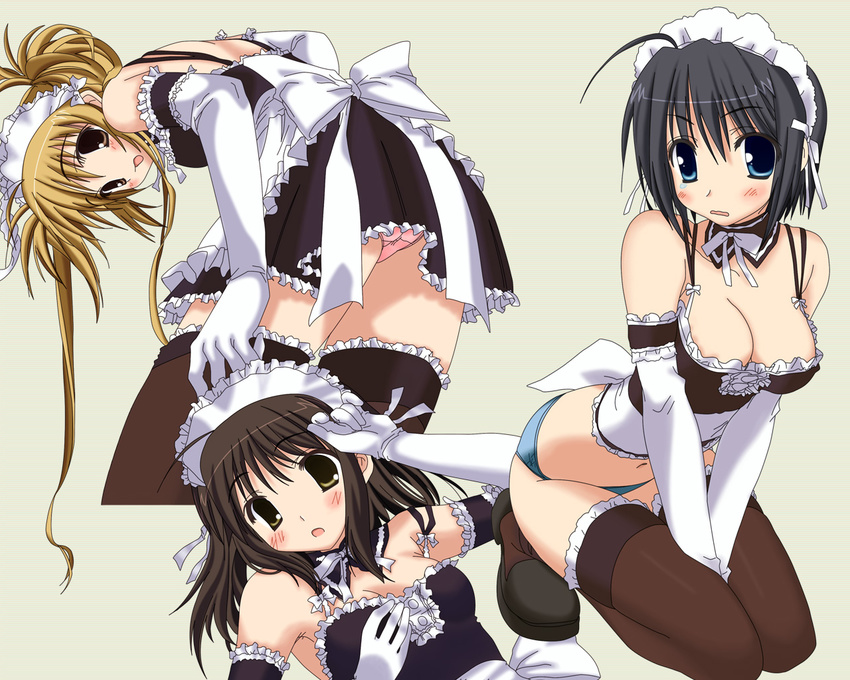 3girls artist_request ass blush breasts female kore_ga_watashi_no_goshujin-sama kurauchi_anna long_hair maid midriff multiple_girls panties sawatari_izumi sawatari_mitsuki short_hair thighhighs underwear uniform