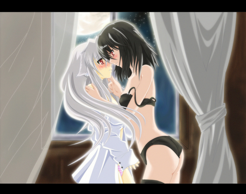 2girls albino animal_ears ass auer black_hair blush bra chin_grab curtain curtains eye_contact female incipient_kiss inubashiri_momiji lingerie long_hair looking_at_another love midriff moon multiple_girls night open_clothes open_shirt panties red_eyes shameimaru_aya shirt short_hair star stars strap_slip striped striped_panties thighhighs touhou underwear white_hair window wolf_ears yuri