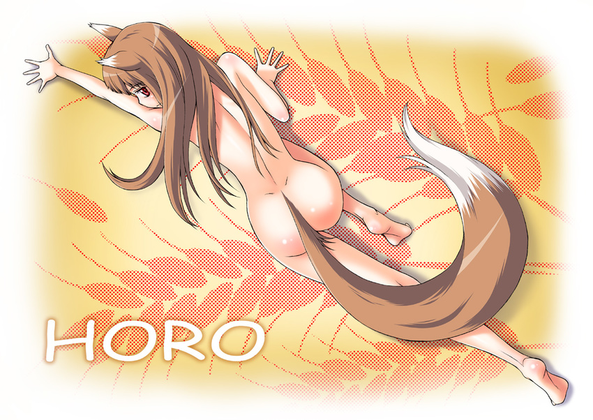 all_fours animal_ears ass back barefoot brown_hair feet holo kouda_tomohiro long_hair nude red_eyes solo spice_and_wolf tail wolf_ears