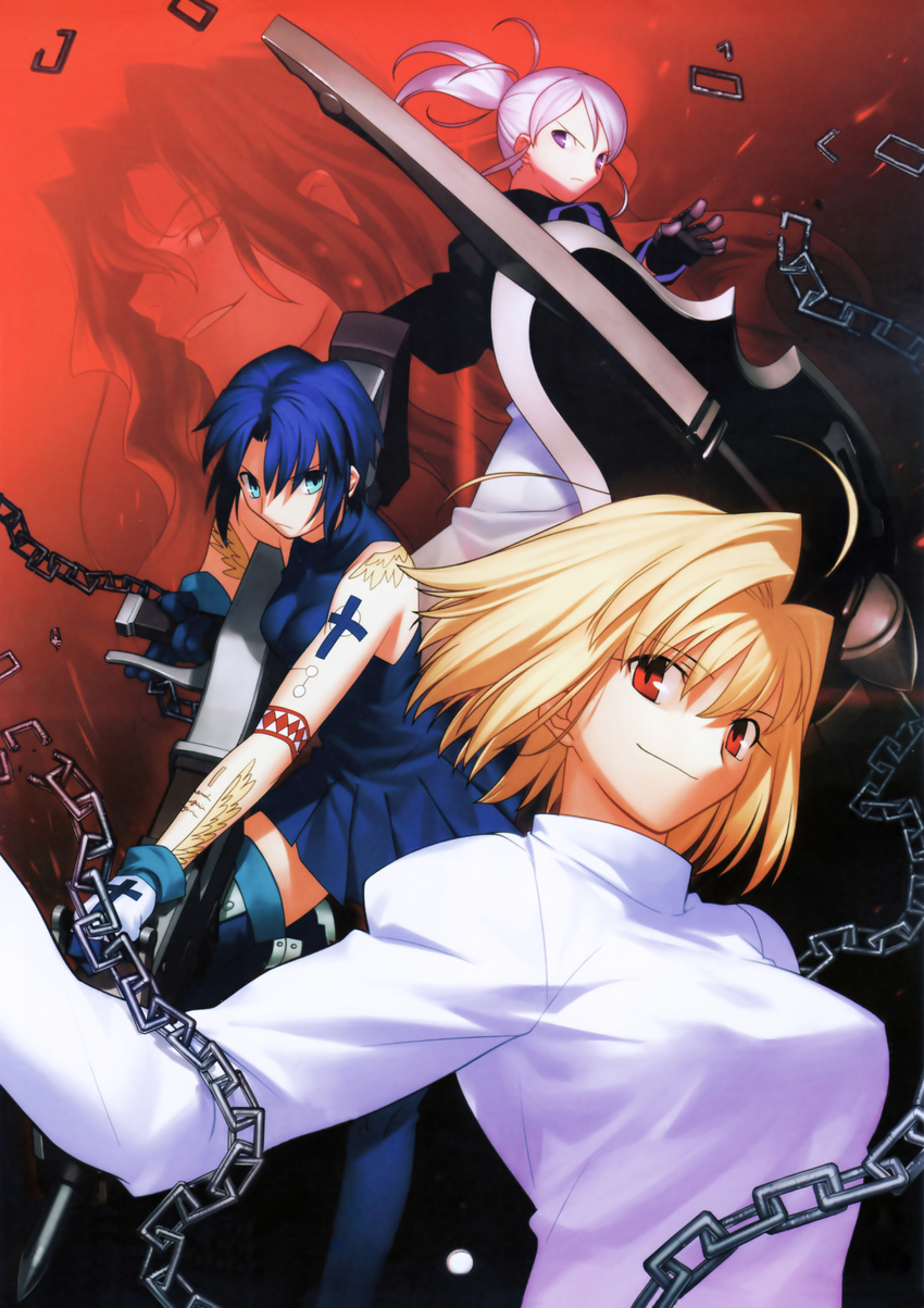 3girls absurdres arcueid_brunestud bare_shoulders blonde_hair blue_eyes blue_hair broken broken_chain chain ciel cover cross game_cover gloves highres melty_blood michael_roa_valdamjong multiple_girls official_art pile_bunker ponytail powerd_ciel projected_inset purple_eyes purple_hair red_eyes riesbyfe_stridberg scan seventh_holy_scripture short_hair sleeveless sweater takeuchi_takashi tattoo true_apocrypha tsukihime