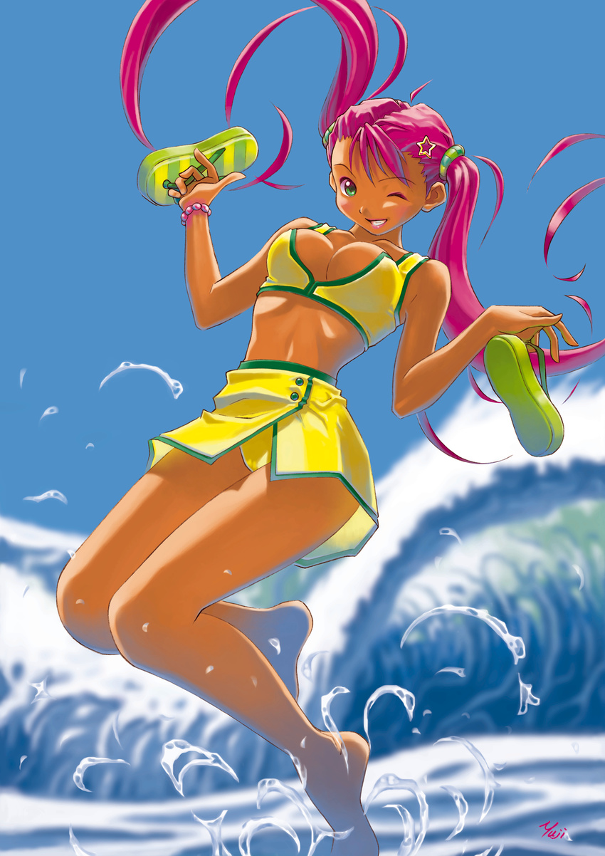 1girl ;d ahoge bangs barefoot bikini blurry bracelet breasts buttons cleavage depth_of_field dual_wielding feet floating_hair green_eyes grin hair_ornament highres holding jewelry jumping kobayashi_yuji long_hair looking_at_viewer miniskirt nagko ocean one_eye_closed open_mouth original outdoors pink_hair sandals scrunchie shoes_removed signature skirt sky smile solo splashing star striped swimsuit tan tankini twintails very_long_hair water waves wink