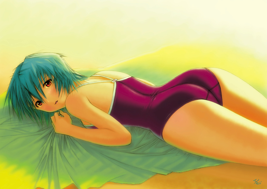 1girl :o ass ayanami_rei back bangs blue_hair blush breasts embarrassed flat_chest highres kobayashi_yuji looking_at_viewer looking_back lying nagko neon_genesis_evangelion on_stomach one-piece_swimsuit open_mouth red_eyes school_swimsuit short_hair sideboob signature solo swimsuit towel