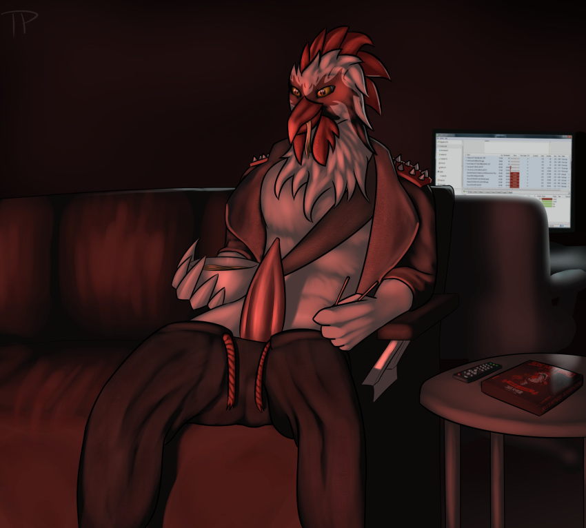 anthro avian bird chicken clothed clothing computer eating food male open_jacket pants_down partially_clothed penis sitting solo tapering_penis testowepiwko