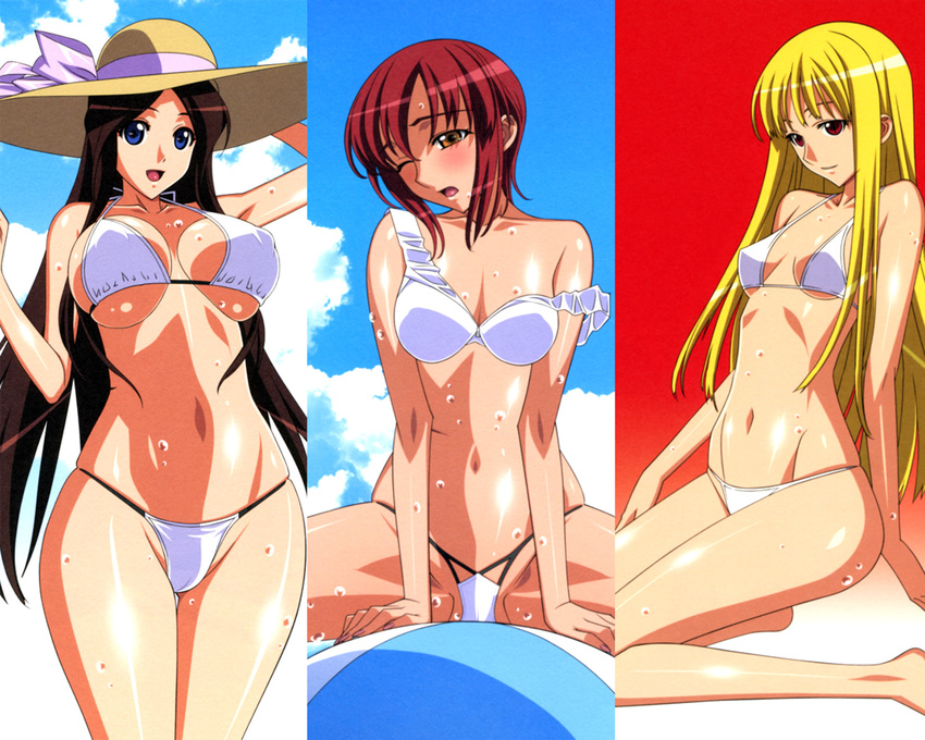 ball bikini blonde_hair breasts brown_hair curvy hat hime_(kaibutsu_oujo) hiyorimi_sawawa huge_breasts kaibutsu_oujo kneeling kuroda_kazuya long_hair multiple_girls red_hair riza_wildman short_hair standing swimsuit underboob wallpaper wide_hips