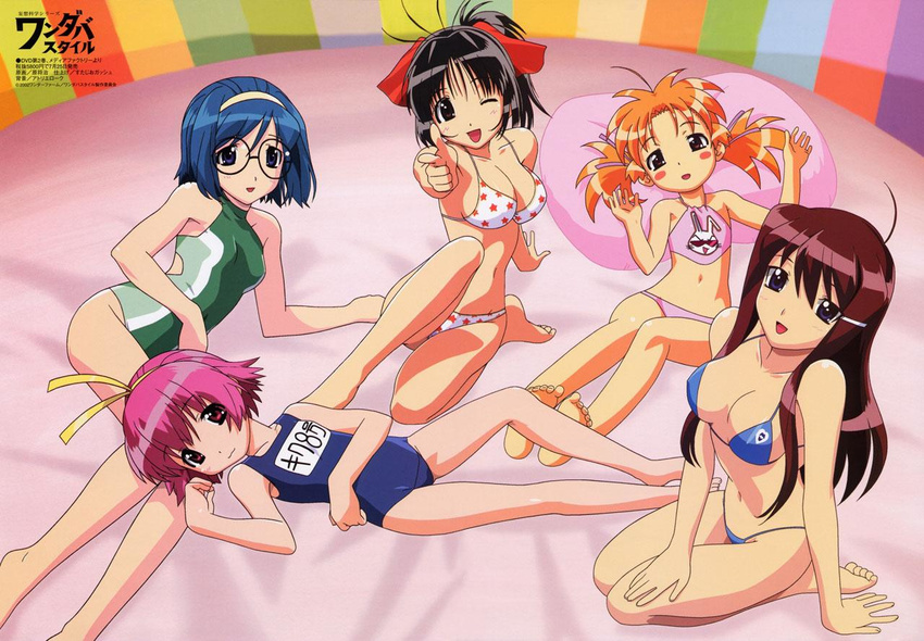 akimo_ayame barefoot bed bikini black_eyes black_hair blue_eyes blue_hair bow breasts brown_eyes brown_hair cleavage everyone feet fuyude_yuri glasses hair_bow hair_ornament hairband hairclip haruno_sakura_(wandaba_style) kiku_8 large_breasts long_hair lying multiple_girls natsuwa_himawari navel one-piece_swimsuit orange_hair pink_eyes pink_hair polka_dot polka_dot_bikini school_swimsuit short_hair smile soles swimsuit tankini toes twintails wallpaper wandaba_style watermark wink