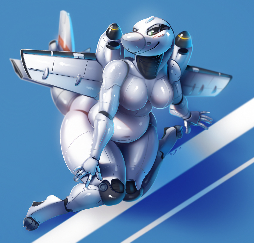 2019 3_toes 5_fingers aircraft blush breasts female fivel living_aircraft living_machine looking_at_viewer machine navel not_furry nude shiny smile solo toes wide_hips