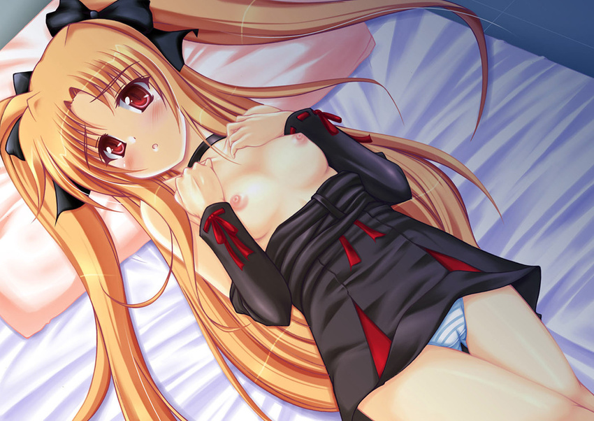 bed blonde_hair blush breasts cameltoe fate_testarossa long_hair lyrical_nanoha mahou_shoujo_lyrical_nanoha mahou_shoujo_lyrical_nanoha_a's medium_breasts nipples panties solo striped striped_panties topless twintails uminchu underwear very_long_hair