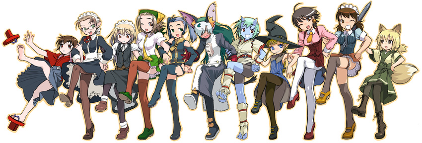 animal_ears bad_id bad_pixiv_id barefoot blue_skin dancing everyone falling feet glasses hat highres horns japanese_clothes long_hair long_image maid monster_girl multiple_girls mutsumi_golem_bibliophile nakamura_tetsuya one_eye_closed original pantyhose pointy_ears tail thighhighs twintails wide_image witch witch_hat