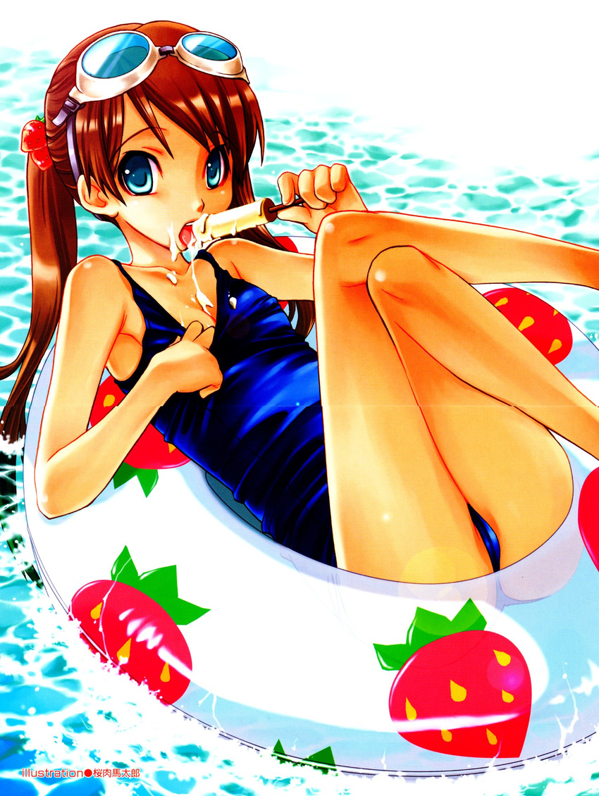 blue_eyes brown_hair copyright_request food food_print food_themed_hair_ornament fruit goggles hair_ornament highres innertube legs licking melting one-piece_swimsuit popsicle sakuraniku_umatarou scan scan_artifacts school_swimsuit sexually_suggestive solo strawberry strawberry_hair_ornament strawberry_print swimsuit twintails water