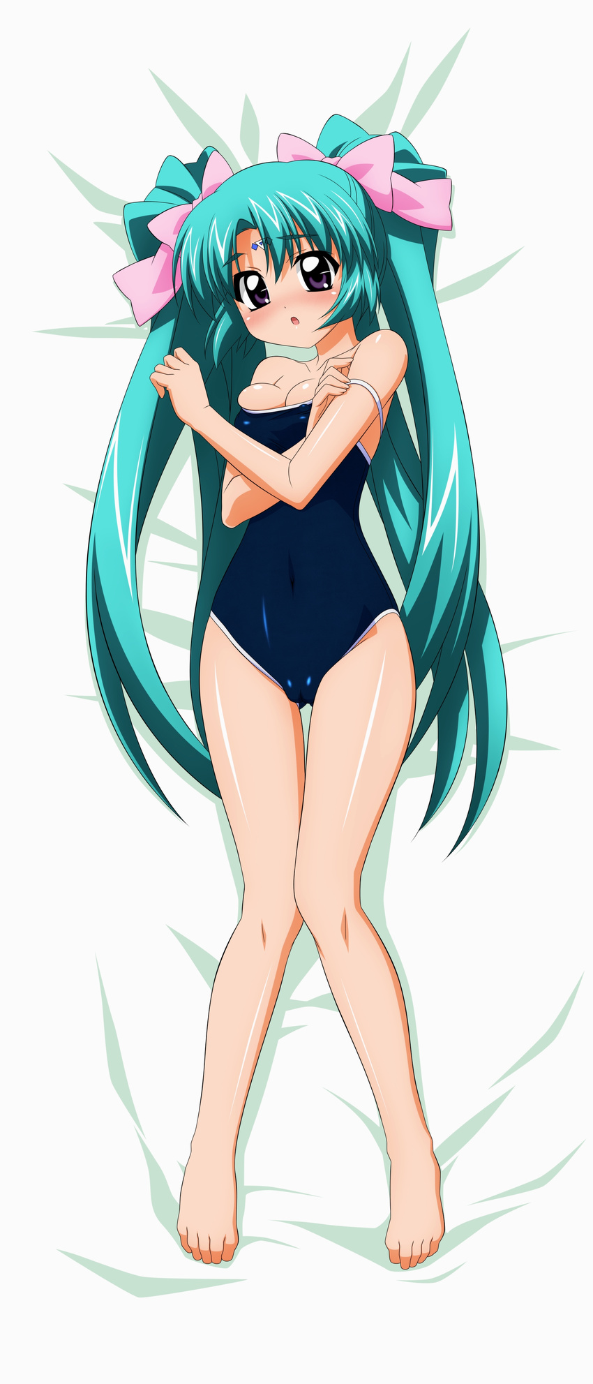 absurdres blush cameltoe canal_vorfeed competition_school_swimsuit dakimakura full_body green_hair highres lost_universe lying one-piece_swimsuit purple_eyes ribbon school_swimsuit solo sugimura_tomokazu swimsuit undressing