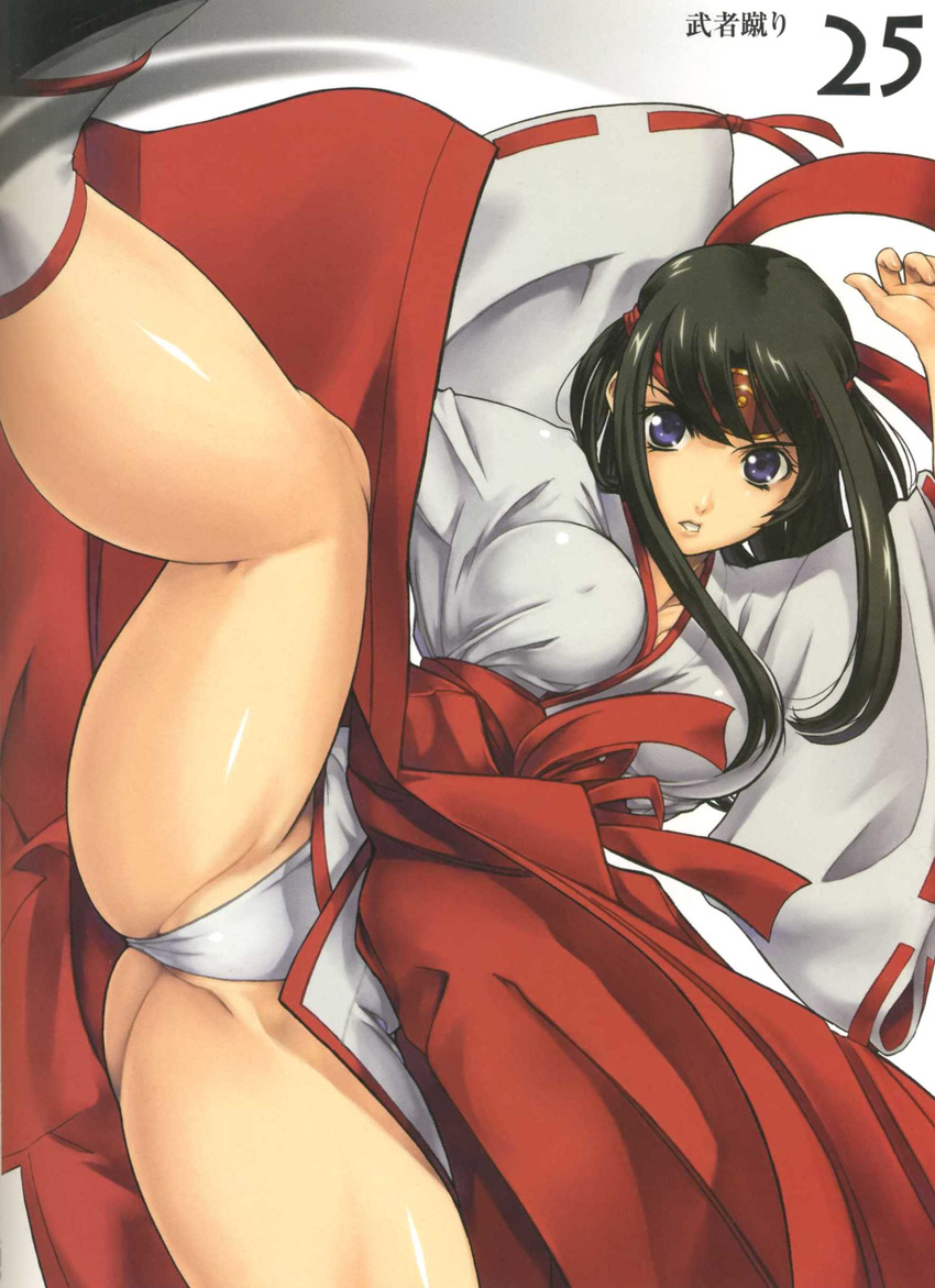 absurdres black_hair blue_eyes breasts eiwa fundoshi hakama headband highres japanese_clothes kimono large_breasts miko queen's_blade red_hakama solo thick_thighs thighs tomoe