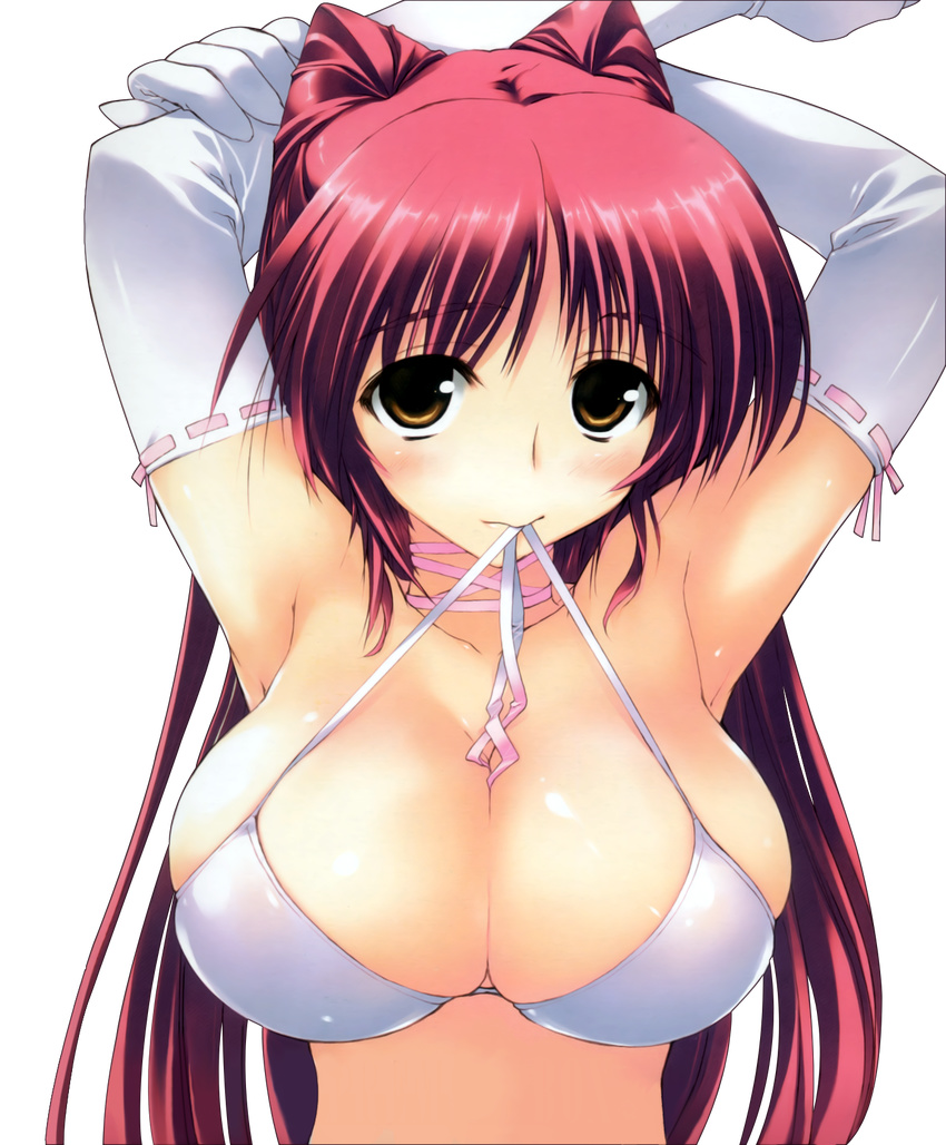 amazuyu_tatsuki arms_up blush bra breasts brown_eyes cleavage elbow_gloves gloves highres huge_breasts kousaka_tamaki lingerie long_hair mouth_hold red_hair solo to_heart_2 twintails underwear