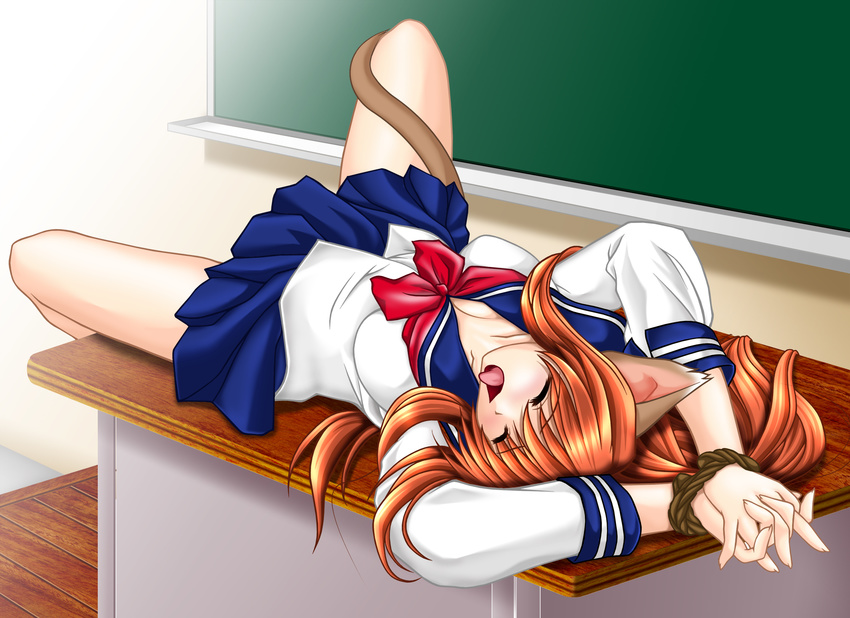 animal_ears bdsm blue_skirt blush bondage bound cat_ears cat_tail chalkboard classroom closed_eyes copyright_request desk hands_together highres in_heat indoors long_hair long_sleeves lying neckerchief on_back on_desk open_mouth orange_hair pleated_skirt rope school_uniform serafuku skirt solo spread_legs tail tail_wrap tomoya_kankurou tongue tongue_out