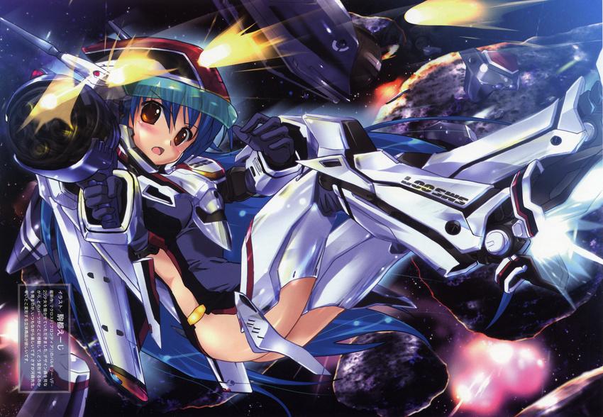 absurdres asteroid blue_hair blush highres huge_filesize komatsu_eiji long_hair macross macross_frontier mecha mecha_musume megami_creators open_mouth orange_eyes poster scan solo thighhighs vf-25