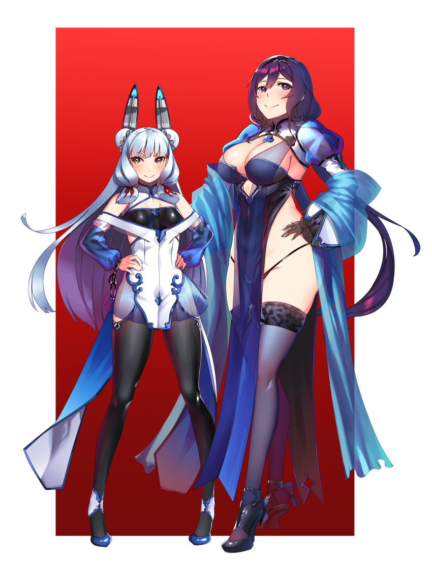 2girls absurdres black_legwear blue_hair breasts brown_eyes china_dress chinese_clothes cleavage double_bun dress female_admiral_(kantai_collection) gloves hands_on_hips hiememiko high_heels highres kantai_collection large_breasts long_hair multiple_girls murakumo_(kantai_collection) purple_eyes purple_hair thighhighs thong