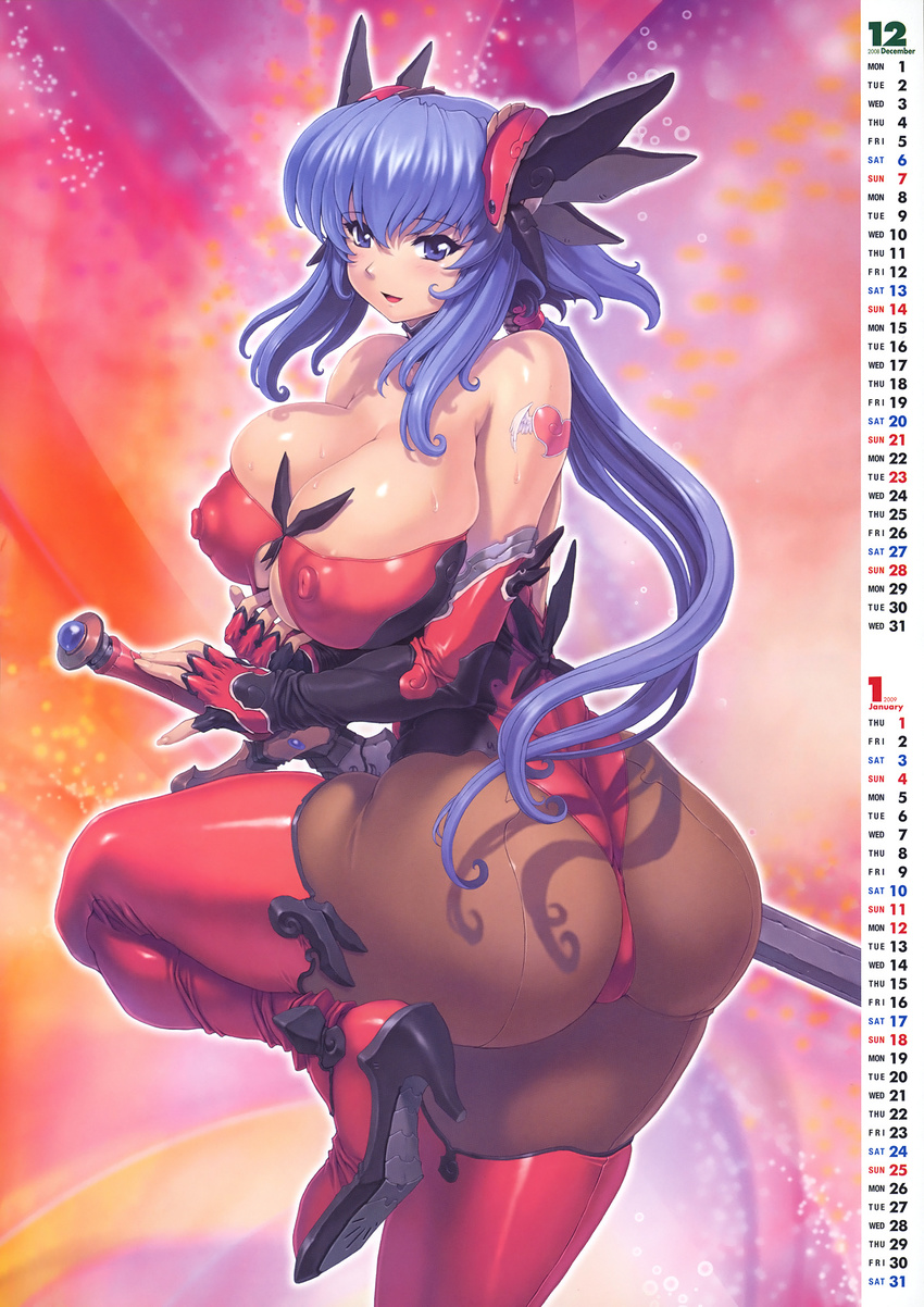 ass blue_eyes blue_hair boots breasts cleavage comic_unreal covered_nipples highres huge_breasts mogudan pantyhose puffy_nipples solo sword thigh_boots thighhighs weapon