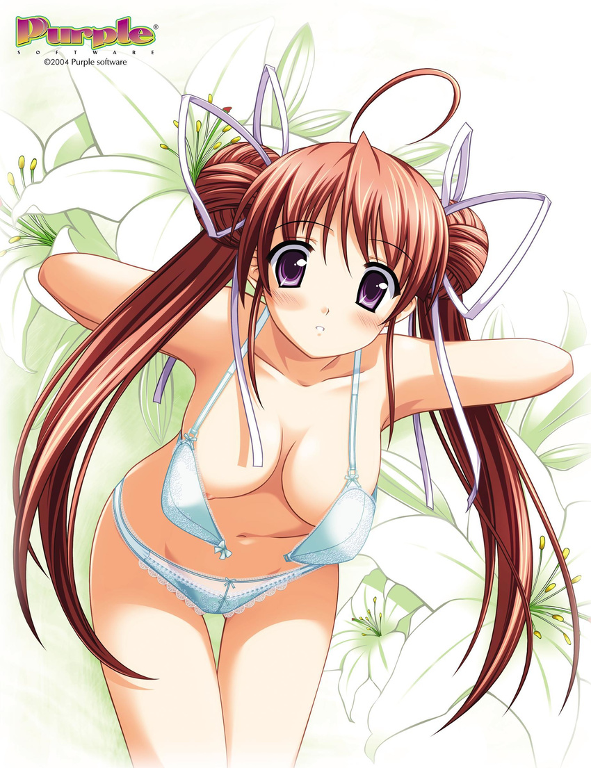 2004 absurdres ahoge arms_behind_back ashitaba_yuuri blue_bra blue_panties blush bow bow_bra bow_panties bra breasts cleavage double_bun floral_background flower groin hair_ribbon highres iwasaki_kouji lace lace-trimmed_bra lace-trimmed_panties large_breasts leaning_forward lily_(flower) lingerie majipuri navel nipple_slip nipples non-web_source official_art open_bra outstretched_arms panties pink_hair purple_eyes ribbon solo spread_arms thigh_gap twintails underwear underwear_only undressing