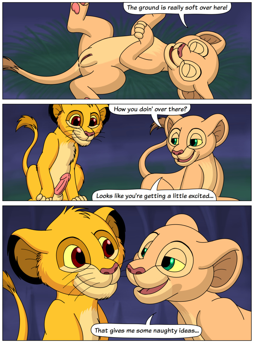 anus balls clitoris comic cub disney duo erection felid female feral fur grass hi_res humanoid_penis lion male male/female mammal nala pantherine penis pussy simba simple_background smile spreading text the_lion_king whiskers whoreomatic young