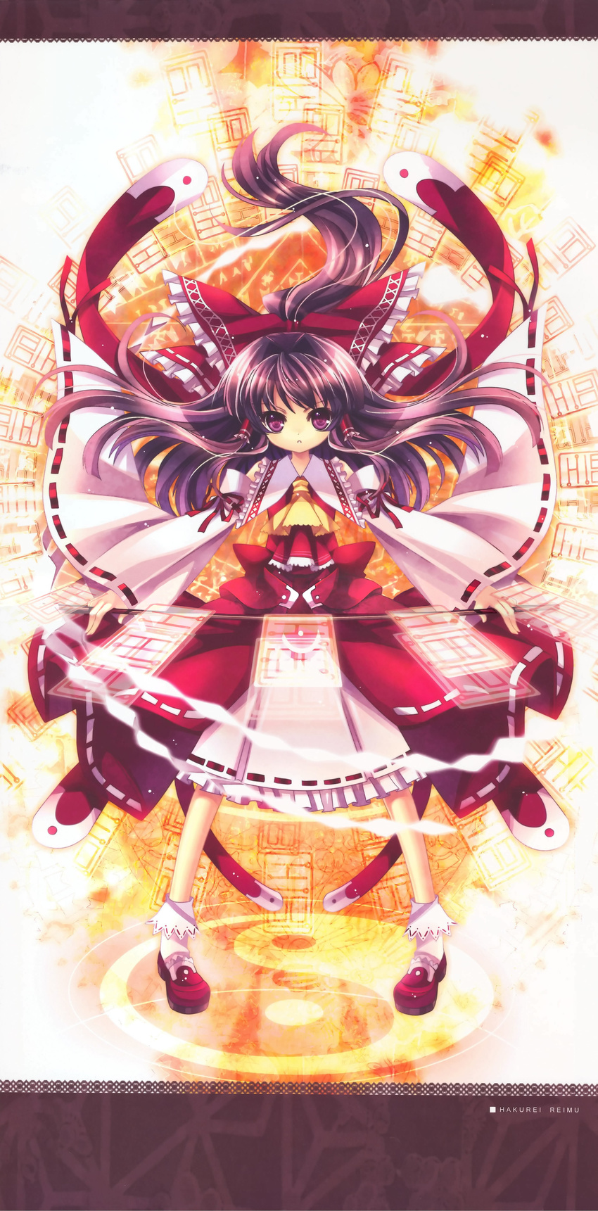 :c absurdres alternate_eye_color ascot belt bow brown_hair capura_lin danmaku detached_sleeves dress flower frilled_bow frilled_shirt frilled_shirt_collar frilled_skirt frills full_body gohei hair_bow hair_flower hair_ornament hakurei_reimu highres long_hair nontraditional_miko ofuda purple_eyes red_bow red_dress red_footwear red_ribbon ribbon ribbon-trimmed_skirt ribbon-trimmed_sleeves ribbon_trim shirt shoes skirt socks solo source_request touhou v-shaped_eyebrows white_collar white_legwear white_ribbon white_skirt white_sleeves wide_sleeves yellow_neckwear yin_yang
