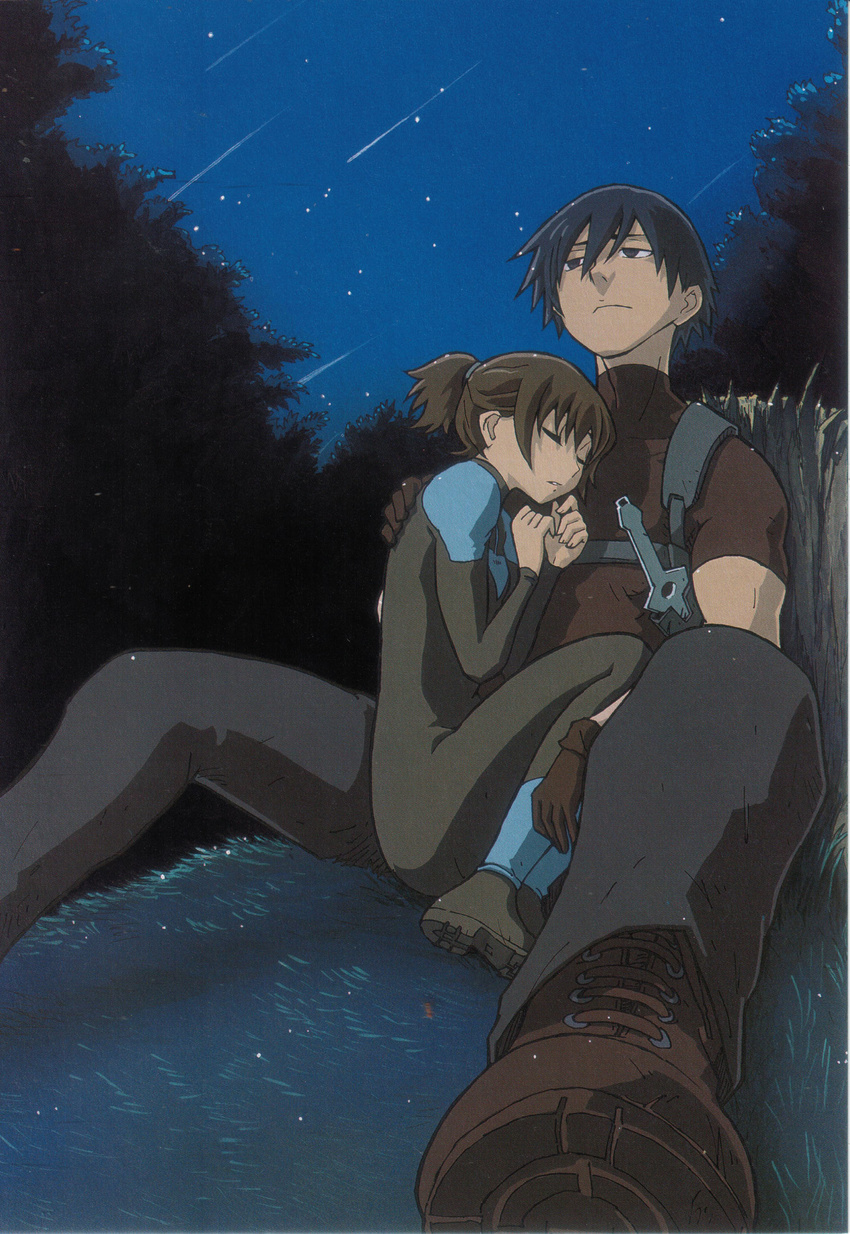 1girl absurdres backpack bag bai bangs between_legs blunt_bangs bodysuit brown_hair darker_than_black foreshortening hei highres iwahara_yuuji loafers long_sleeves night night_sky ponytail scan shoes short_hair sitting sky squatting