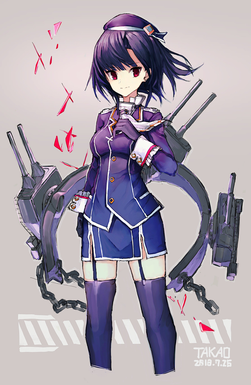 1girl absurdres air_qh bangs beret black_gloves black_hair black_legwear blue_hat breasts chains character_name closed_mouth dated eyebrows_visible_through_hair garter_straps gloves grey_background hand_on_own_chest hat highres kantai_collection machinery miniskirt red_eyes rigging shards short_hair simple_background skirt solo standing takao_(kantai_collection) thighhighs uniform