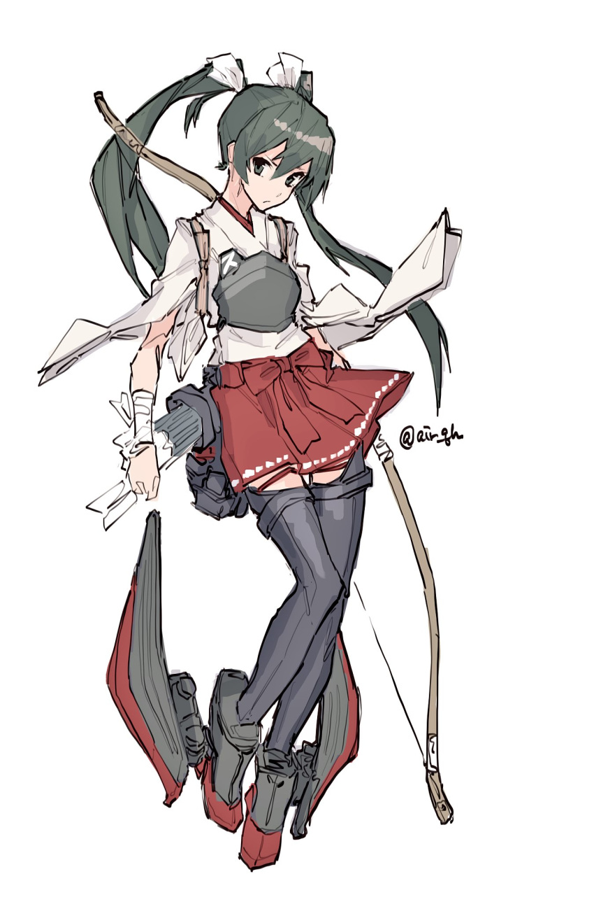 1girl air_qh arrow artist_name bangs black_eyes black_legwear boots bow bow_(weapon) closed_mouth full_body green_hair hair_between_eyes hair_tie hakama_skirt highres holding holding_bow_(weapon) holding_weapon japanese_clothes kantai_collection long_hair quiver simple_background skirt solo thigh_boots thighhighs twintails weapon white_background wide_sleeves zettai_ryouiki zuikaku_(kantai_collection)