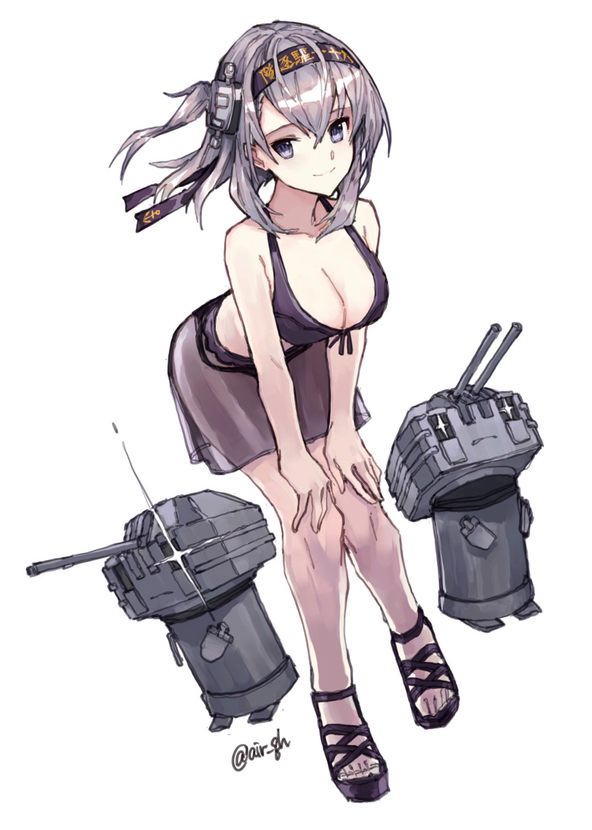 1girl air_qh artist_name bangs bare_shoulders bikini black_bikini black_headband breasts chou-10cm-hou-chan_(suzutsuki's) cleavage closed_mouth clothes_writing collarbone full_body hachimaki hair_between_eyes hair_flaps hands_on_own_knees headband highres kantai_collection large_breasts looking_at_viewer machinery one_side_up sandals see-through short_hair silver_eyes silver_hair simple_background smile solo suzutsuki_(kantai_collection) swimsuit white_background