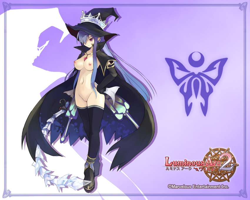 blue_hair boots breasts detached_sleeves earrings fatima_(luminous_arc) hair_over_one_eye hat jewelry large_breasts long_hair luminous_arc luminous_arc_2 navel nipples no_bra no_panties nude nude_filter pendant pubic_hair purple_eyes solo thighhighs third-party_edit uncensored very_long_hair wallpaper witch witch_hat