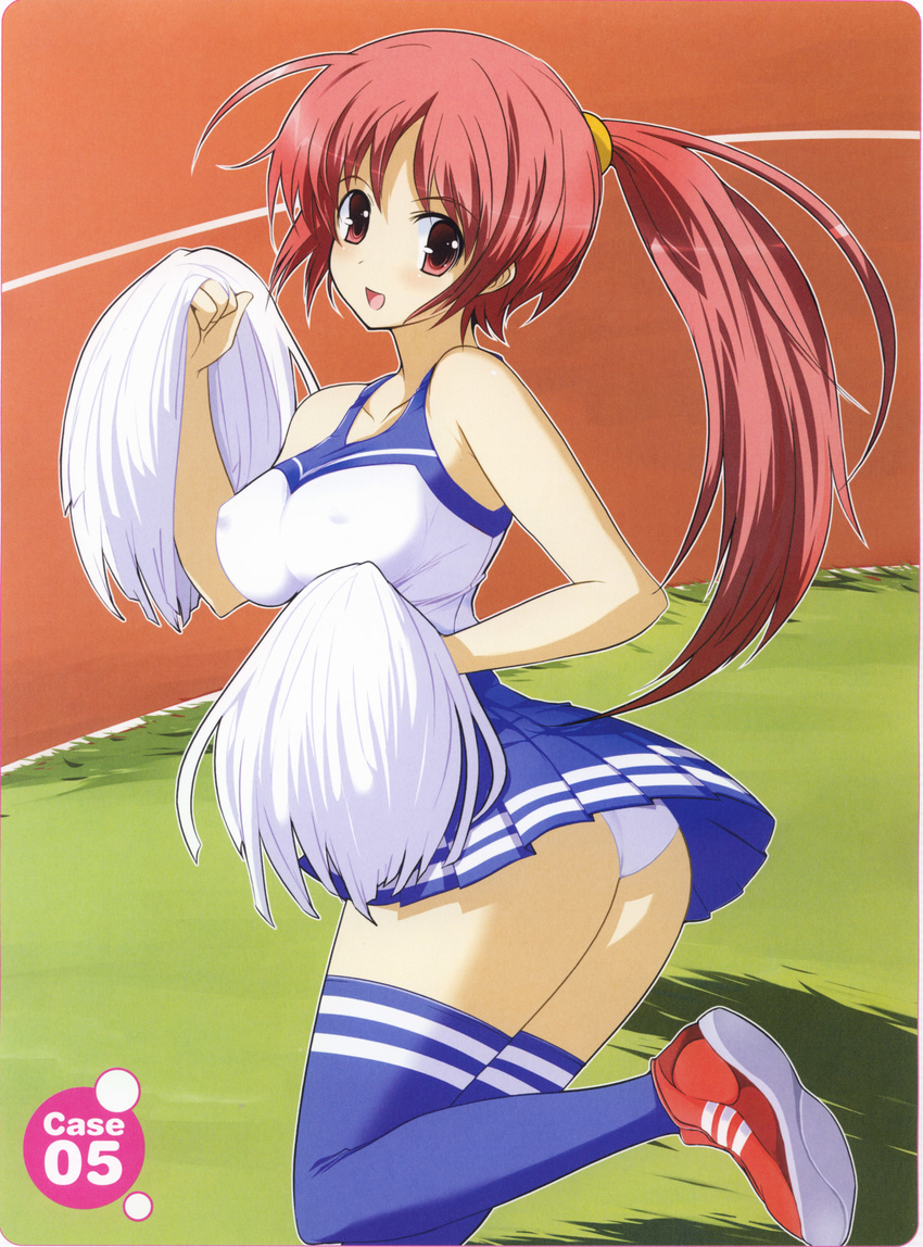 :d absurdres ahoge artist_request ass blue_legwear blush breasts cheerleader copyright_request covered_nipples from_behind grass highres large_breasts leg_up long_hair looking_back no_bra open_mouth outdoors panties pink_eyes pink_hair pleated_skirt pom_poms ponytail scan shoes skirt smile sneakers solo standing thighhighs underwear white_panties