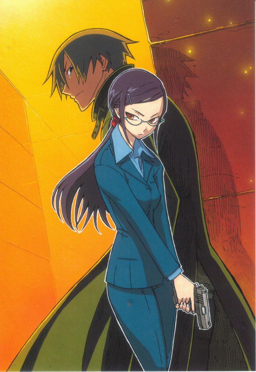 1girl absurdres artist_request blue_pants blue_shirt blue_suit brown_eyes collared_shirt darker_than_black formal glasses gun hair_ornament hairclip hei highres holding holding_gun holding_weapon kirihara_misaki long_hair looking_at_viewer looking_to_the_side low_ponytail nail_polish outline pant_suit pants pink_nails purple_hair scan shirt suit v_arms weapon white_outline