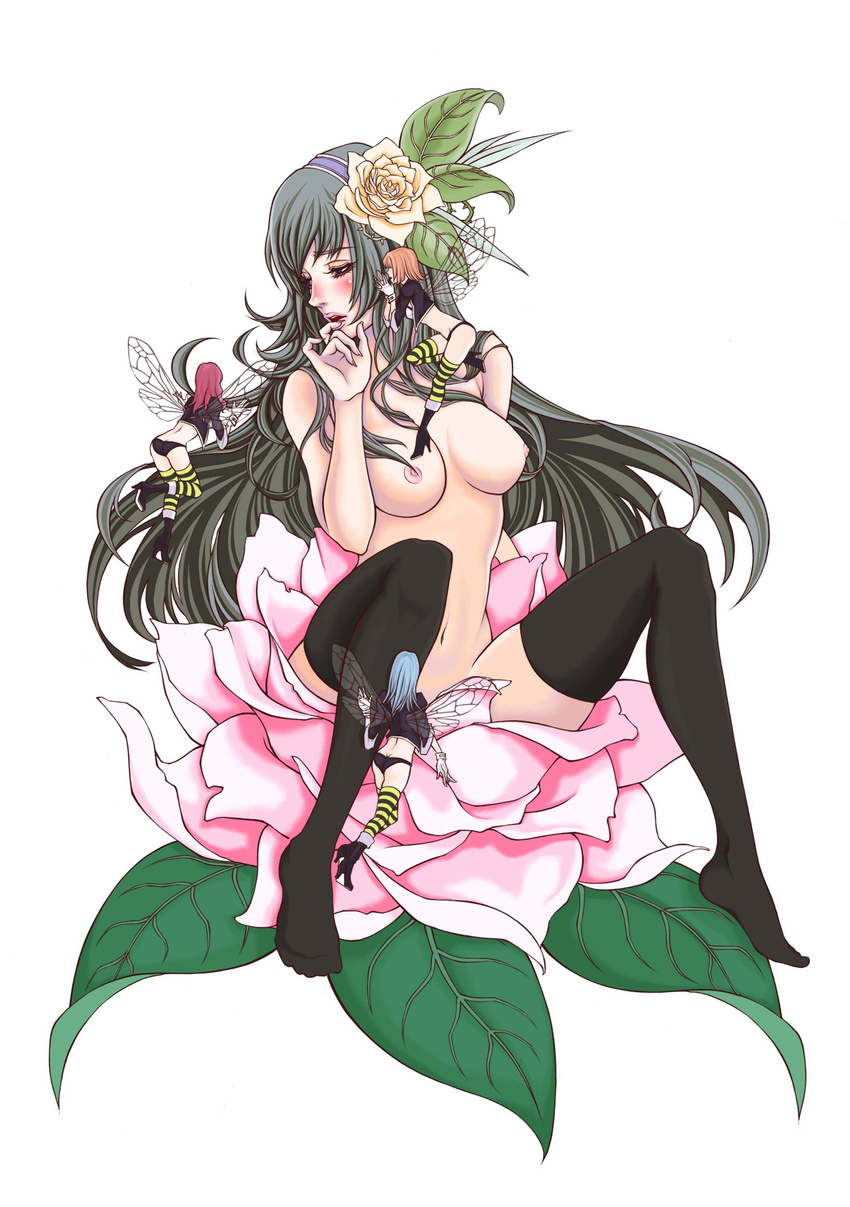 absurdres aiso_kai blush boots breasts fairy feet flower highres large_breasts long_hair on_flower original silver_hair solo thighhighs
