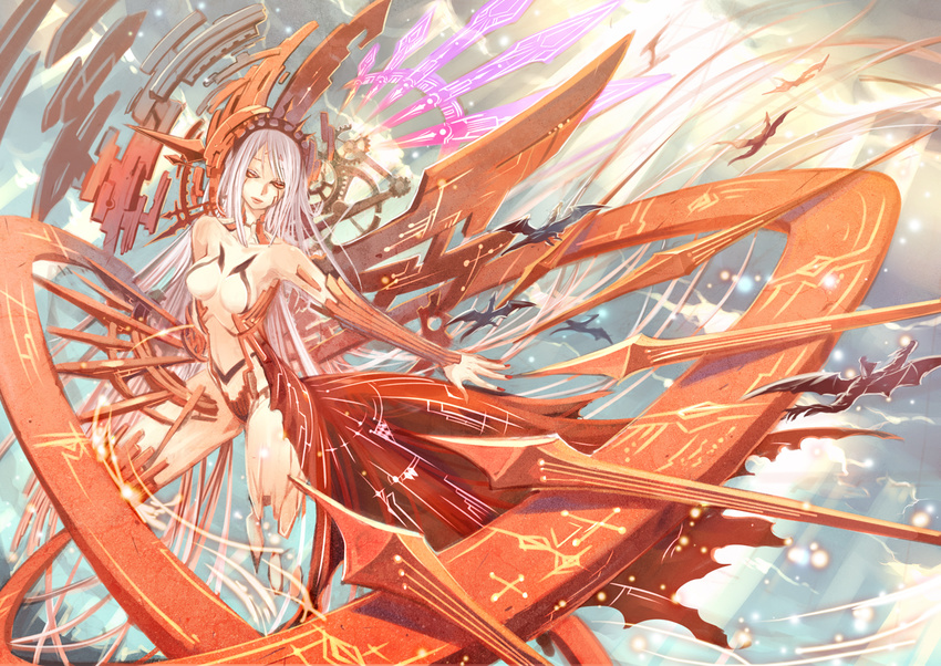 breasts detached_sleeves dragon gears gin_(oyoyo) glowing glowing_eyes large_breasts long_hair mecha_musume nail_polish pixiv_fantasia pixiv_fantasia_4 red_eyes red_nails red_queen silver_hair sky solo sparks sun tattoo very_long_hair