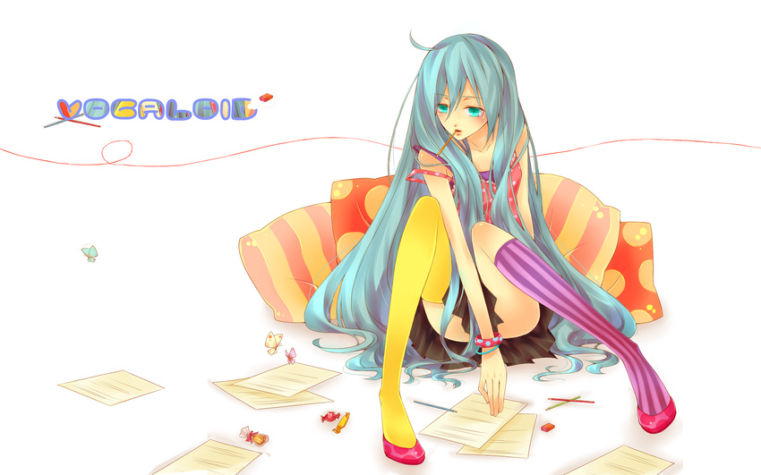 ahoge aqua_eyes aqua_hair asymmetrical_clothes bracelet bug butterfly candy cushion food hatsune_miku highres insect jewelry kneehighs long_hair mismatched_legwear mouth_hold natsuki0910 non-web_source paper pencil pillow polka_dot purple_legwear simple_background single_thighhigh sitting skirt solo strap_slip striped striped_legwear thighhighs vertical-striped_legwear vertical_stripes very_long_hair vocaloid yellow_legwear