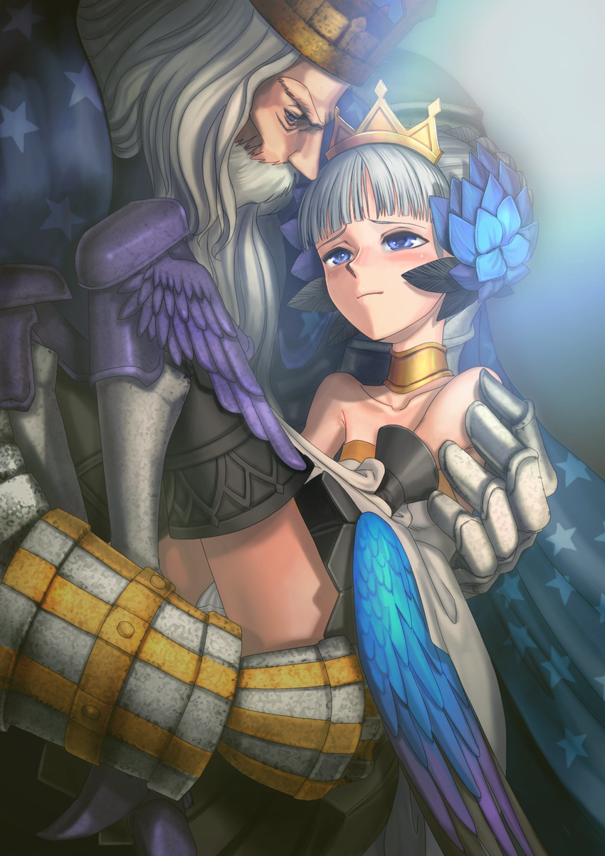 1girl armor armored_dress blue_eyes blush boots choker crown dress elbow_gloves father_and_daughter gloves gwendolyn hat highres multicolored multicolored_wings odin_(odin_sphere) odin_sphere panties size_difference strapless strapless_dress thigh_boots thighhighs underwear white_hair wings youkai_ankake